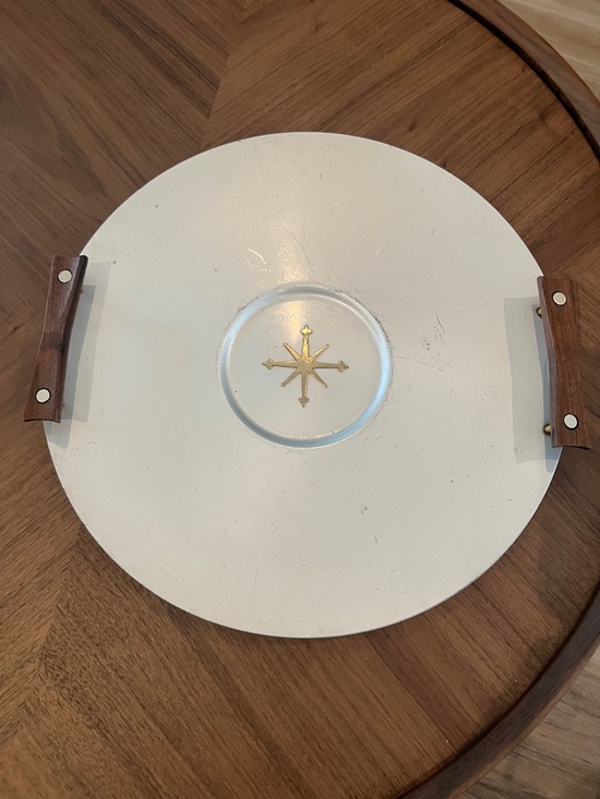 Other - White Decorative Round Serving Tray with Gold Star Accent and Wood Handles